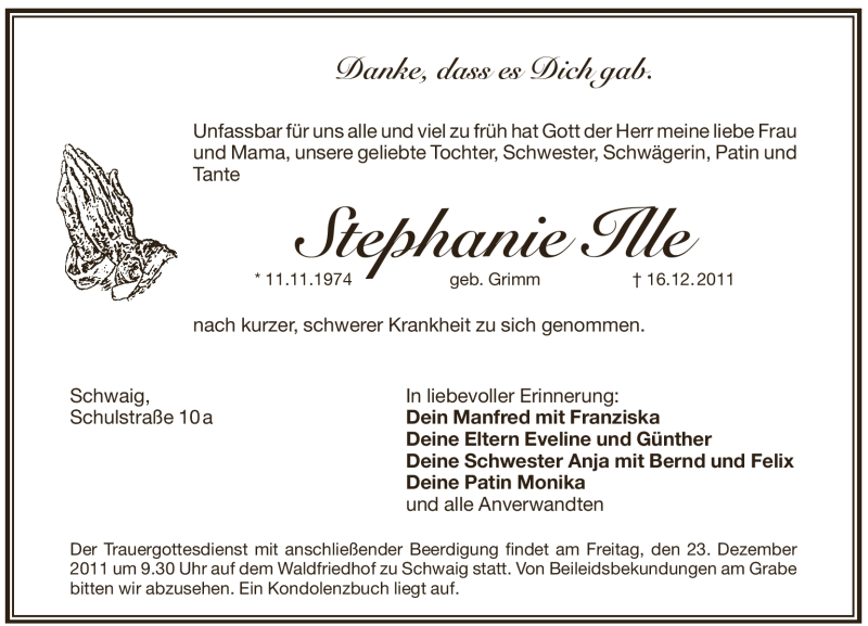 Traueranzeige für Stephanie Ille vom 21.12.2011 aus Pegnitz-Zeitung